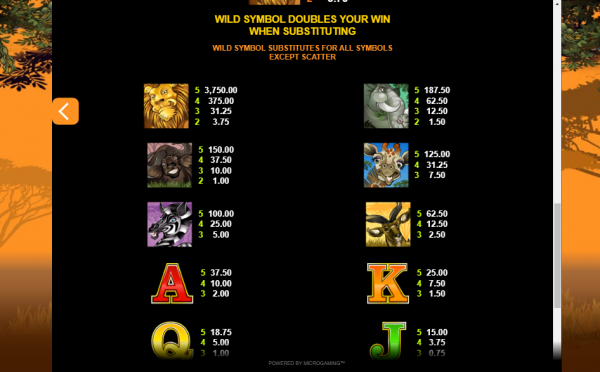 The paytable information in Mega Moolah